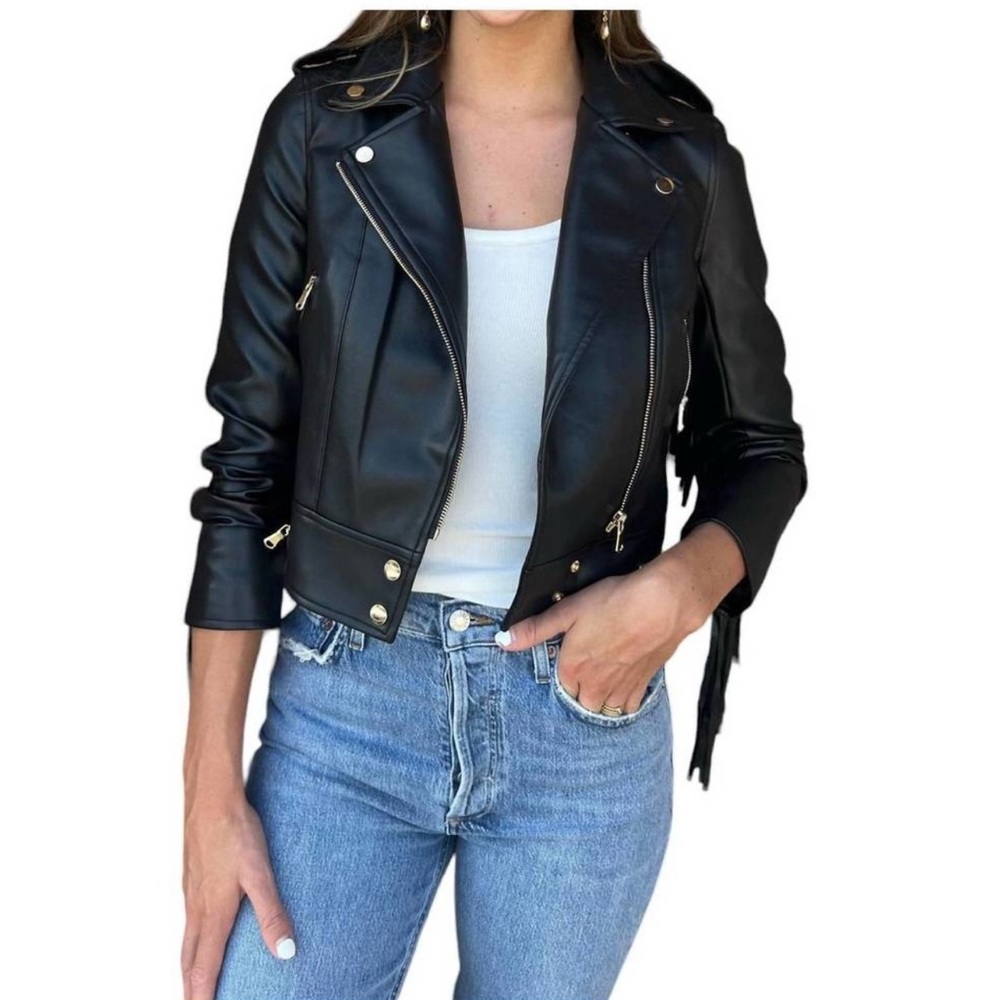 DELUC chicago fringe moto jacket in black - Vegan Leather | Size: L